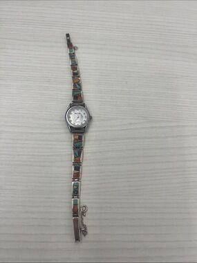 TSF Sterling Silver-Navajo inlay watch, Bracelet Clasp with Safety Chain